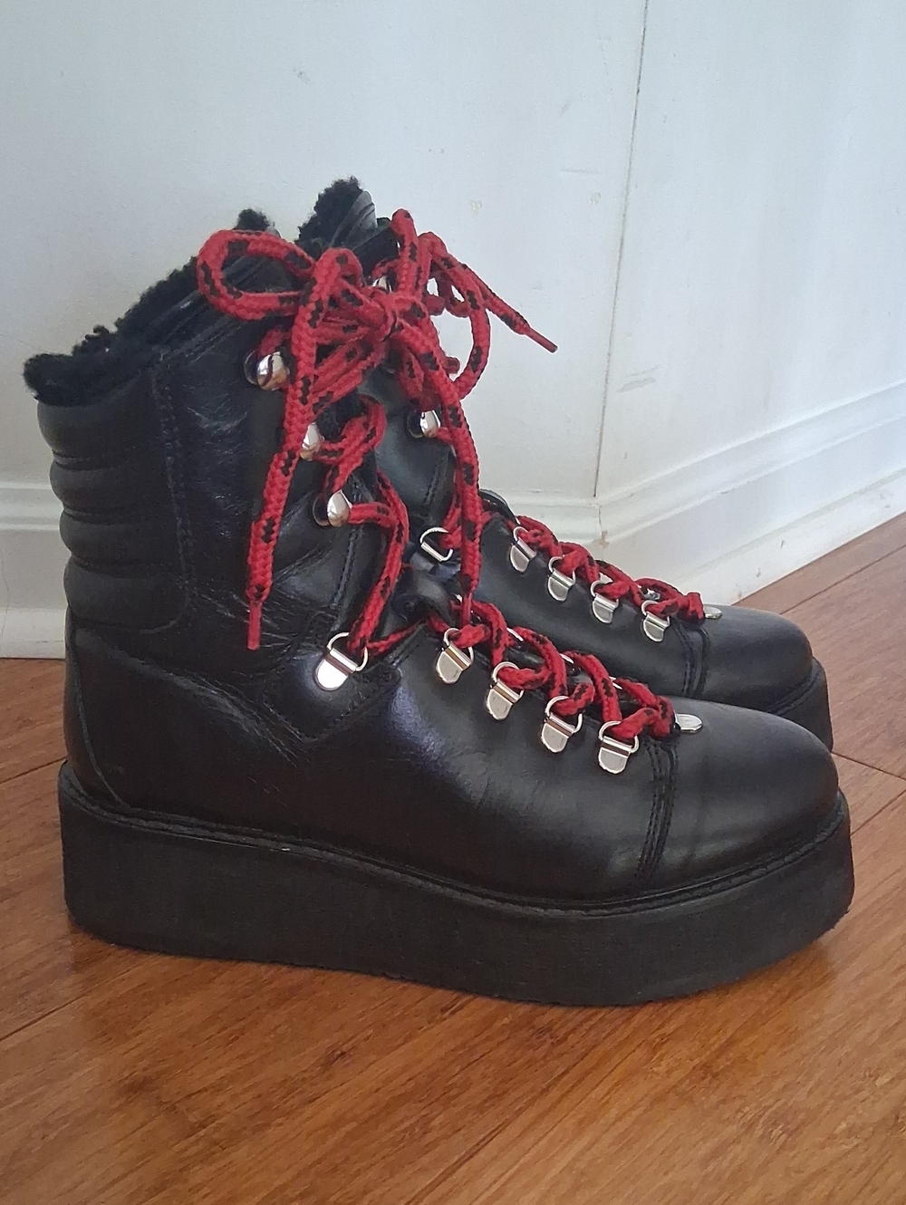All Saints Fay Black Leather Platform Hiker Boots with Red Laces Size 36